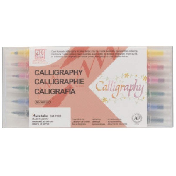 Kuretake Zig Calligraphy Dual Tip Markers 12 Colors Set, 2mm, 5mm, Square Tips, AP-Certified, No Mess, Photo-Safe, Acid Free, Lightfast, Odourless, Xylene Freeing, for Beginners, Made in Japan