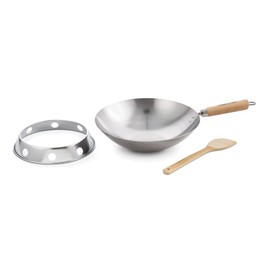 Helen's Asian Kitchen Round Bottom Wok Set, Carbon Steel and Bamboo, 12-Inches, 4-Piece Set