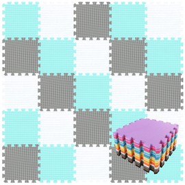 qqpp EVA Rubber 18 Tiles Interlocking Puzzle Foam Floor Mats - Baby Play Mat for Playing | Exercise Mat for Home Workout. White, Green, Gray. QC-AHLb18N