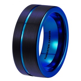 BESTTOHAVE Mens Tungsten Ring -Black Tungsten Wedding Band 8mm for Men Women Blue Black Pipe Cut Brushed Ring V