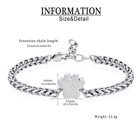 QGJNSGC Pet Paw Cremation Bracelet for Ashes Dog Cat Urn Memorial Jewellery Adjustable Bangle Keepsake Gift for Women Men, Stainless Steel