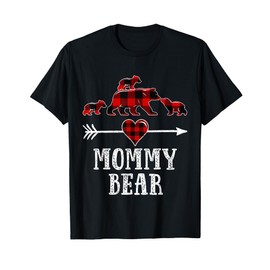 Mommy Bear 3 Cubs Shirt, Christmas Mama Bear Plaid Pajama T-Shirt