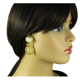 Lilylin Designs Large White Imitation Pearl with Lion Head Doorknocker Pierced Earring