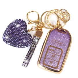 YIKECASE Key Fob Cover with Diamond Keychain Car Key Holder Compatible with 2016-2022 Honda Accord Civic CRV Pilot Ridgeline Passport Smart Remote Key Protector for Women, 5 Buttons (Purple-Heart)