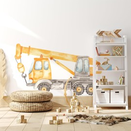 Construction Wheeled Crane Truck Wall Decal for Boys Room, Construction Eqipment Peel Stick Removable Fabric Wall Sticker, Nursery or Playroom Decor, Repositionable (48 inch: 29" Tall x 48" Wide)