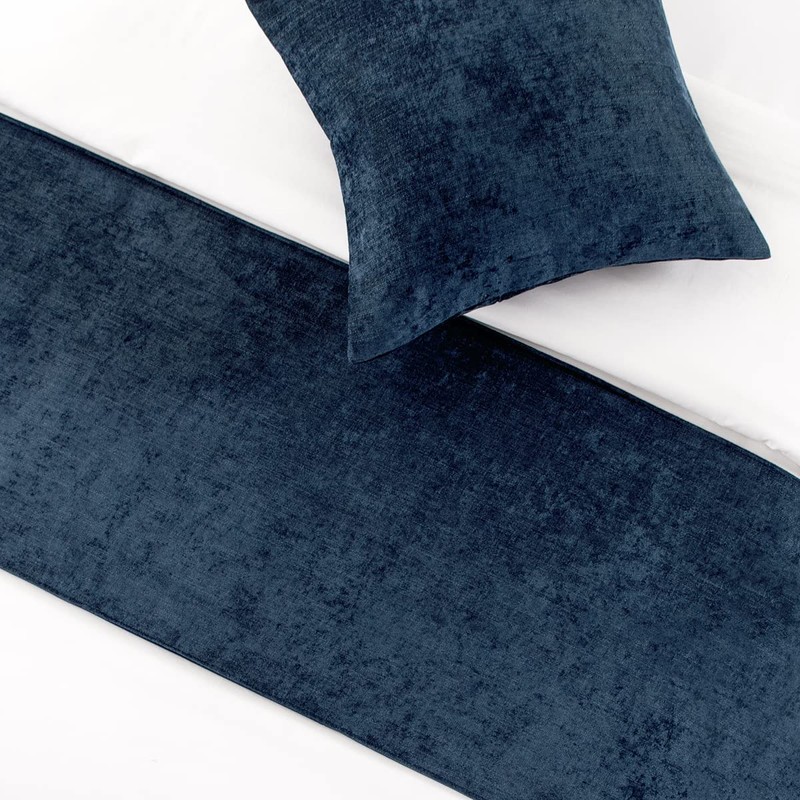 AMBERIS Bed Runner Dark Blue, Chenille Soft No Fading Modern
