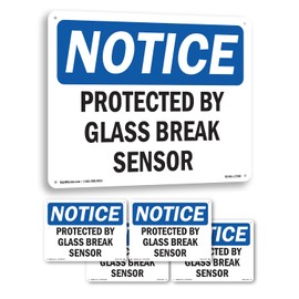 Protected By Glass Break Sensor OSHA Notice Rigid Plastic Sign 10 Inch x 7 Inch - 5 Pack