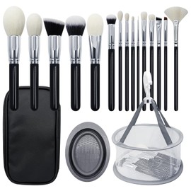 JILIER 15Pcs Professional Goat Hair Makeup Brushes Set with Drying Net & Cleaning Bowl – Natural Makeup Brushes for Eyeshadow, Face & Travel – Premium Eye & Face Brush Set for Flawless Application