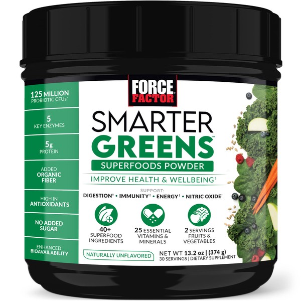 Force Factor Smarter Greens Superfoods Powder, Greens Powder with Probiotics, Digestive Enzymes, Antioxidants, and Fiber, Superfood Powder to Support Digestion, Immunity, and Energy,, 30 Servings
