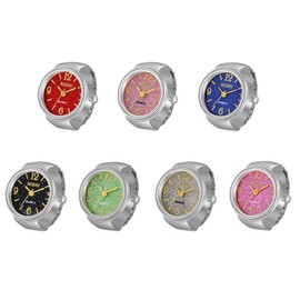 JewelryWe Men Women 7PCS Finger Watches Set Gold/Silver Plated Elastic Watch Rings Glitter Round Dial Quartz Ring Watches