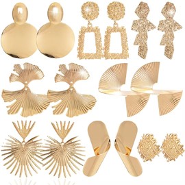 Wqebuid 8 Pair Gold Statement Earrings for Women Large long Gold Geometric Drop Earrings Big Disc Drop Earring Trendy Twisted Earring Jewelry