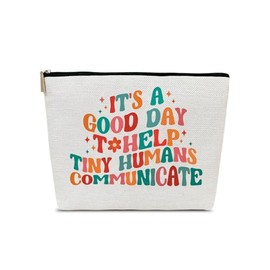 JEFBFBWE Speech Therapy Gifts Cosmetic Bag,Funny Makeup Bag,Small Purse with Zipper, SLP Retirement Gift for Women, Language Teacher, Speech Language Therapist,Coworkers, White, Funny