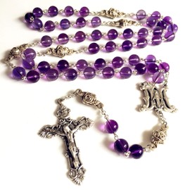 elegantmedical HANDMADE AMETHYST ROSE BEADS 5 DECADE ROSARY ITALY CROSS CRUCIFIX CATHOLIC NECKLACE BOX, 22" (55CM), Amethyst, Amethyst