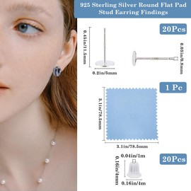 Beebeecraft 1 Box 20Pcs Flat Pad Stud Earring Settings 925 Sterling Silver Earring Cabochon Settings with 50pcs Ear Nuts and 1Pc Silver Polishing Cloth for DIY Jewellery Making Kit (Tray: 5mm)