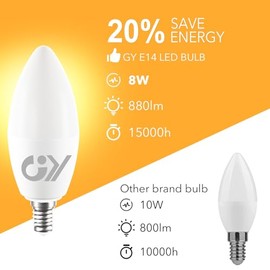 GY GY E14 LED Bulb 8W (80W Equivalent), 880 Lumens 6500K Cool White, C37 E14 Energy Efficiency Bulb, E14 LED 280 Beam Angle Non-Dimmable, Pack of 6