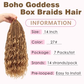 Eeanno Goddess Box Braids Crochet Hair 14 Inch 7 Packs Honey Blonde Boho Crochet Braids for Women Pre Looped Crochet Box Braids with Curly Ends (14 Inch, 27#)