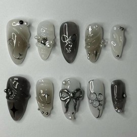 Buy 10 Get 10 Free! [Machine-Made] 24pcs Press-On Nails with Rhinestones & Flowers â€“ French Style Glue-On Nails for Women & Girls:_006
