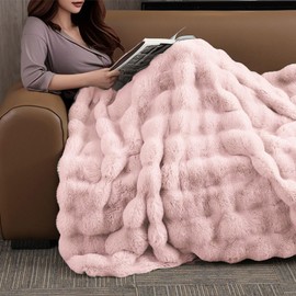 Opulapel Light Pink Throw Blanket Fluffy Fuzzy Soft Blanket for Couch Faux Rabbit Fur Blanket Bubble for Bed Living Room Gift for Women,50 * 60 Inches 900GSM