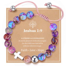 MEALGUET Cross Bracelet for Teenage Girls : Natural Emperor Stone Beads Bracelets Faith Christian Gifts Jewelry Catholic Religious Baptism Communion Stocking Stuffers for Teens,Joshua 1 9 Card