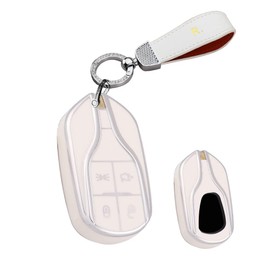 HIBEYO Key Fob Cover Compatible with Maserati Ghibli Levante Quattroporte 4 Button TPU Key Shell Smart Remote Auto Key Holder Accessories with Leather Keychains-White