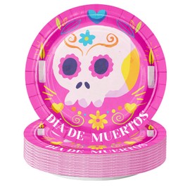 WRAPAHOLIC 25Pcs Day of the Dead Paper Plates - 7 Inch Pink Skull Disposable Plates Decorative Dinner Plates for Party Tableware Supplies Table Decor