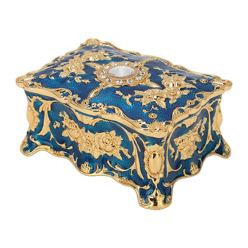 Royalblue Rhinestone Jewelry Box Ring Retro Flower Engraved Earrings Necklace