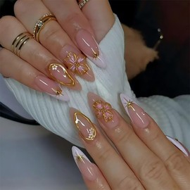 Flower Press on Nails Medium Almond Fake Nails Pink False Nails with Designs Floral Gold Acrylic Glossy Full Cover Glue on Nails Press ons Cute Artificial Stick on Nails for Women Manicure 24 Pcs