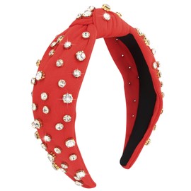 Ondder Red Knotted Headband for Women's Hair - Top Knot Beaded Headband with Shiny Rhinestones - One Size Fits All - Wide Headband for Hair Decoration & Securing Hair for Her