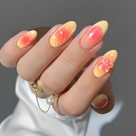 SXVME Yellow French Tip Press on Nails Short Oval Shape Blush Pink False Nails with 3D Flower Designs Floral Acrylic Fake Nails Short Round Spring Summer for Women, 24Pcs