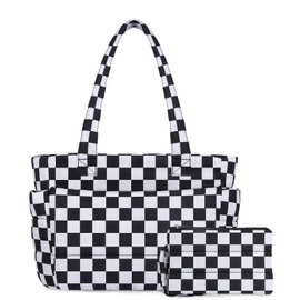 TOPDesign Puffer Tote Bag for Women, Lightweight Puffy Handbag with Compartments, Quilted Shoulder Bag for Work, Travel, Gym, Checkerboard, Medium
