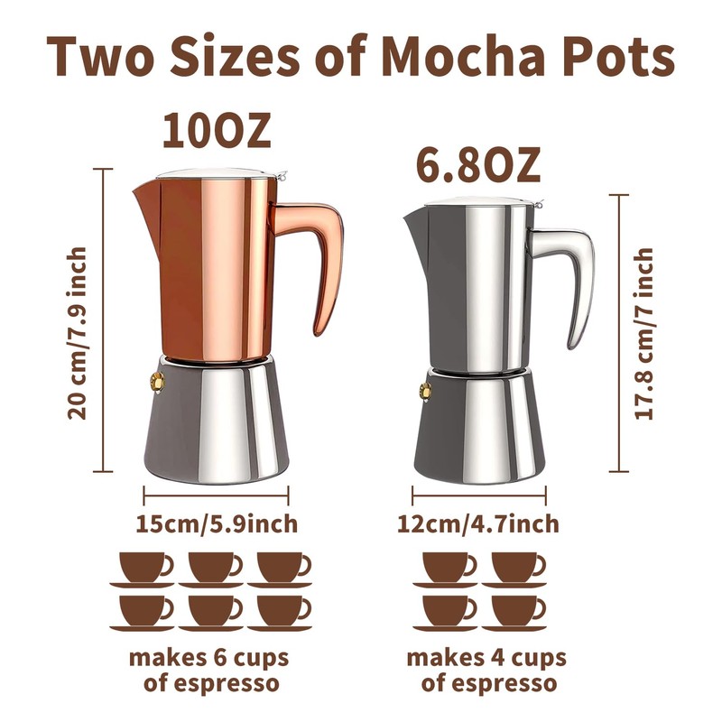Stainless Steel Moka Pot Espresso Maker 6 Cups (10oz/300ml) -