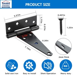 HOME MASTER HARDWARE 8 Inch T-Strap Heavy Duty Shed Door Hinges, Black Tee Hinge for Wooden Fences,Yard Door, Barn Door Gates, Rustproof Wrought Iron with Screws, 6 Pack