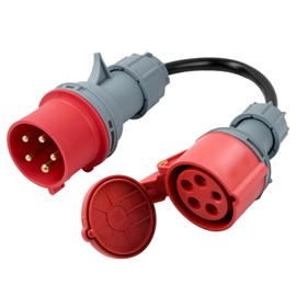 CEE Coupling Socket 5-Pin 16A to 32A with Phase Reversal, 16A 400V Plug to 32A 400V, Power Cable 50 cm CEE High Current, with Protection Class IP44