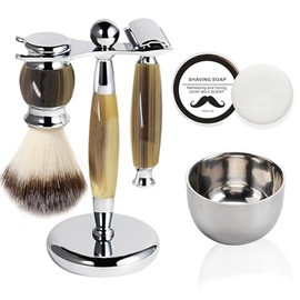 5 EN 1 Set de Rasurado, Kit de Barba para Hombre, Fabricado Acero Inoxidable y Cuerno de Vaca Sintético, Incluye Maquinilla de Afeitar Vintage, Brocha de Pelo de Tejón, Portaherramientas y Bol