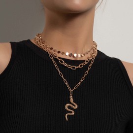 TseenYi Layered Snake Pendant Necklace Paperclip Chain Multilayer Necklace Gold Disc Station Choker Necklace Punk Layered Necklace Chain Jewelry for Women and Girls