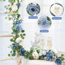 Eucalyptus Garland with Flowers - 2 Pack 5.9 FT Artificial Flower Garland with Butterflies Faux Rose Greenery Garlands for Backdrop Wedding Arch Centerpieces Decorations - Dusty Blue & White