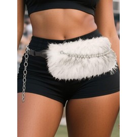 Wriidy Fur Leather Belt White Women Punk Belt Wide Bead Chain Belts for Dresses and Pants