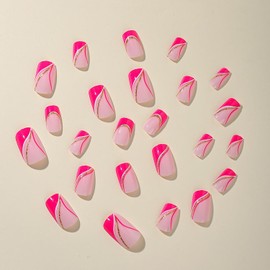 Vezocim Pink French Tips Press on Nails Square Shapes 24Pcs Glossy Full Cover Medium Acrylic Square False Nails with Gold Line Designs Artificial Coffin Fake Nails Glue Stick ons Fingernails for Women