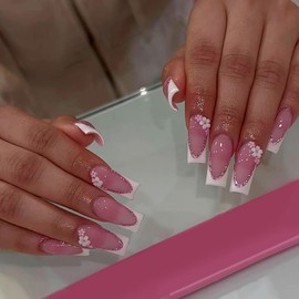 Ohhmisis White French Press on Nails Long, Fake Nails with Nail Glue, 3D Flower False Nails Glue on Nails for Women 24 Pcs