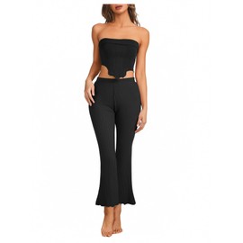 GORGLITTER Women's Casual Co Ord Set Bandeau Crop Tube Top and Flare Leg Trouser Set 2 Piece Y2K Outfit Tracksuit Plain Black Small