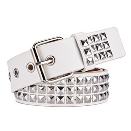 SNCEAW Studded Belt, Metal Punk Rock Rivet Belt with Bright Pyramid Studded for Women Men, White Studded, Fit Pant 31-36 inch