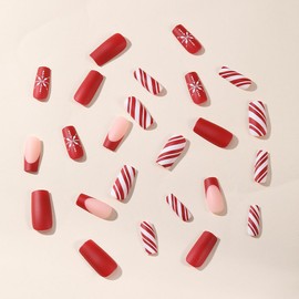 Christmas Press on Nails Fake Nails Medium Square Matte French Red White Striped Snowflake Designs Cute False Nails Full Cover Artificial Nails Reusable Stick on Nails Glue on Nails for Women 24Pcs