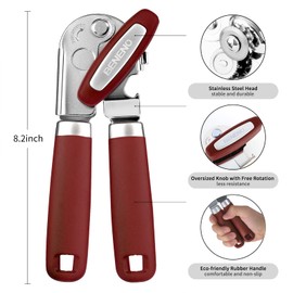 Can Opener Manual, Can Opener with Magnet, Hand Can Opener with Sharp Blade Smooth Edge, Handheld Can Openers with Big Effort-Saving Knob, Can Opener with Multifunctional Bottles Opener, Red