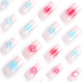 24pcs Glitter Pink Blue Heart Press on Nails Medium Length Square Fake Nails Set Heart Gem Stick on Nails Glue-on Nails Acrylic Full Cover False Nails Valentines Day Women Brides Nail Art Accessories
