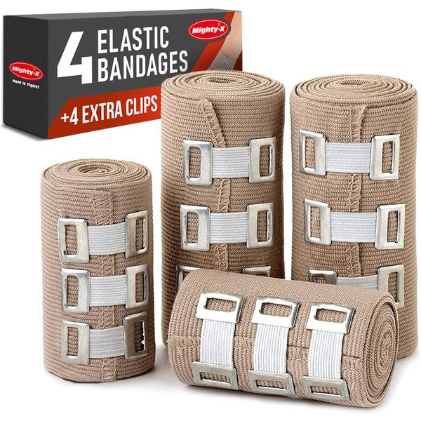 Premium Elastic Bandage Wrap - 4 Pack + 4 Extra Clips - Durable Compression Bandage (2X - 3 inch, 2X - 4 inch Rolls) Stretches up to 15ft in Length