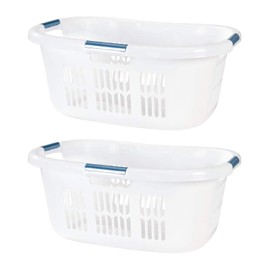Rubbermaid 2.1 Bushel Small Hip Hugger Portable Plastic Home Laundry Basket with Grab Through Handles, White (2-Pack)