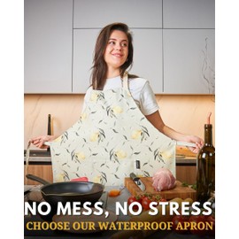 poofico Premium Adjustable Waterproof Aprons for Women, Men & Chefs with Pockets | Poly-Cotton Apron for Kitchen, Cooking, Baking & Gardening with Long Ties (Lemon Twist)