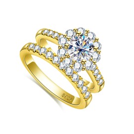 Idocare All Moissanite Wedding Rings Set 2.01cttw D Color Round Cut 14K Yellow Gold Plated 925 Sterling Silver Promise Anniversary Engagement Bridal for Women size 8