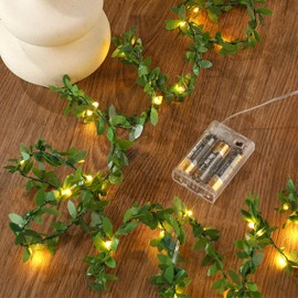 Mikasol Artificial Garland with Led Fairy Lights Battery Operated, 1 Pack Leaf Lights, Vine Hanging Lights for Bedroom, Christmas, Parties, Wedding, Centerpiece, Decoration (5m/16ft Warm White)