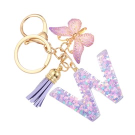SUIKIHUM Initial Letter Keychains, (10.5cm/4.13" Mini Letter Butterfly KeyChain) Resin Tassel Pendant Car Keychain for Wallet Handbags Backpack, Purple (W)